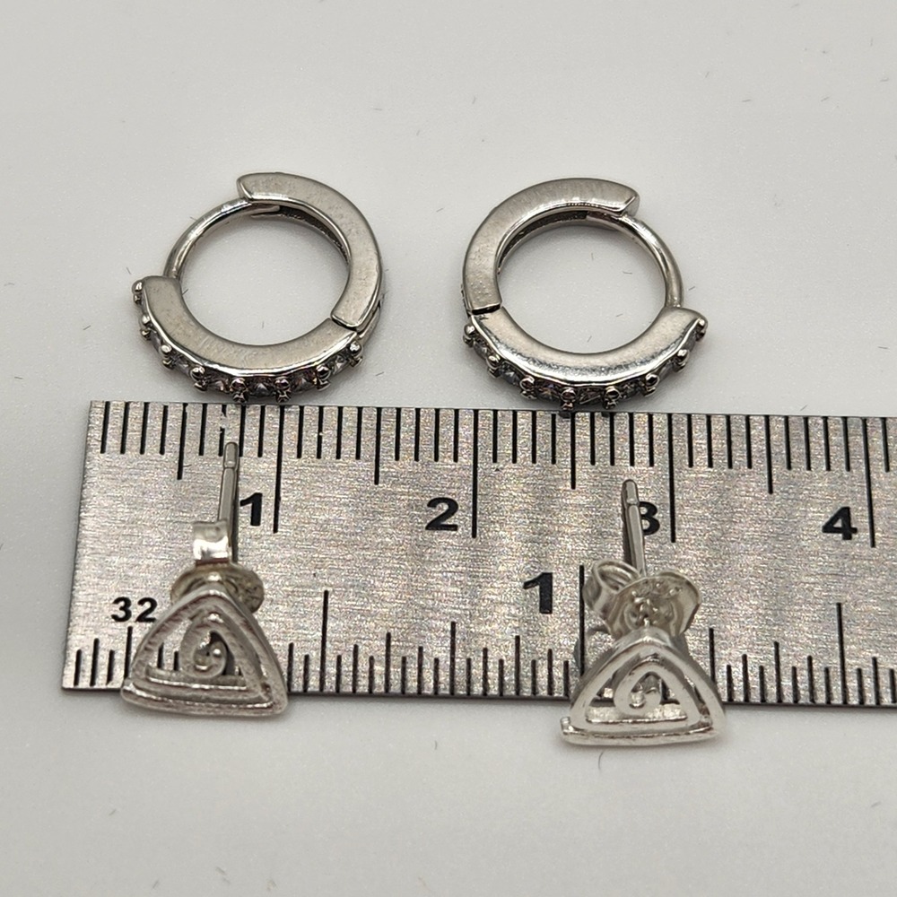 Silver Tone Triangle Swirl Stud Earrings and Crystal Hoop Earrings Set - Picture 5 of 7